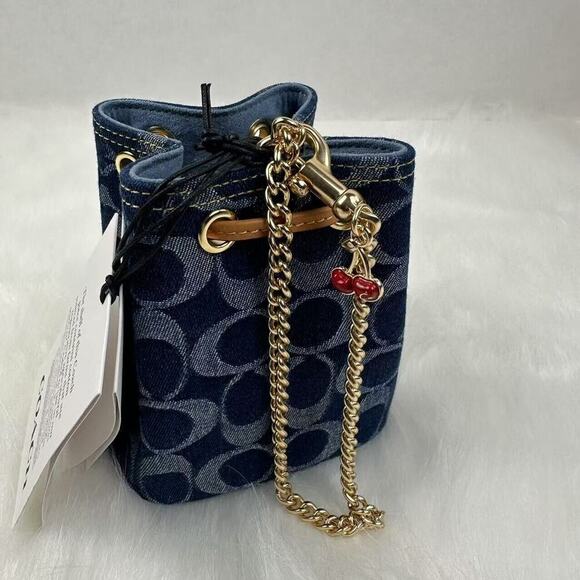 Coach Drawstring Wristlet In Signature Denim Gold/Denim Blue Natu… - Picture 7 of 12